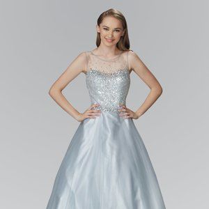 NEW LONG SLEEVELESS A-LINE DRESS EMBROIDERED WITH RHINESTONE AND SEQUINS GL2111